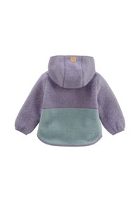 Kindermantel mit Kapuze und langen Ärmeln, lila oberer Teil, grüner unterer Teil und elastische Bündchen, von hinten gezeigt.