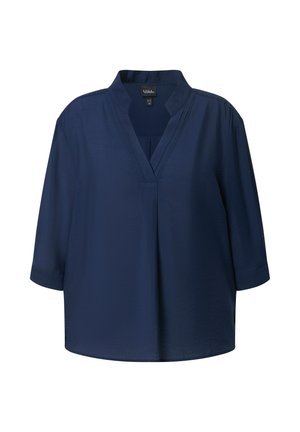 Marineblaue Bluse mit Dreiviertelärmeln, V-förmigem Ausschnitt und gerafftem Falten-Detail in der vorderen Mitte.