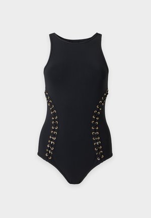 Maillot de bain une pièce noir sans manches avec col montant et détails à lacets sur les côtés avec œillets dorés.
