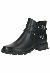 Stivale alla caviglia in pelle nera con finitura liscia, caratterizzato da due fibbie metalliche, un pannello in suede blu navy a contrasto e una suola in gomma testurizzata.