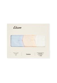 Drie tanga's in een verpakking, met een geribbelde textuur. Kleuren zijn lichtblauw, perzik en wit. Verpakt in een minimalistisch ontwerp.