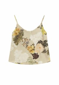 Camisola floreale in crema e giallo chiaro, caratterizzata da intricati motivi floreali. Tessuto leggero con spalline sottili e regolabili e vestibilità comoda.