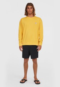 Sudadera amarilla con cuello redondo, mangas largas y un pequeño logo en el pecho, combinada con pantalones cortos negros y chanclas.