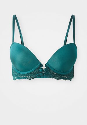Bikini w kolorze teal z satyny, z koronkowymi detalami, regulowanymi ramiączkami oraz dekoracyjnym przodem z trzema srebrnymi pierścieniami i koronkowym akcentem u dołu.