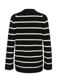 Svetr s černobílými pruhy, dlouhými rukávy, kulatým výstřihem a volným střihem. Vyrobeno z měkké pleteniny.