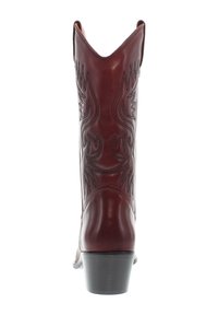 Burgundy leather cowboy boot with pointed toe and decorative stitching along the shaft. Features a black heel and textured finish.