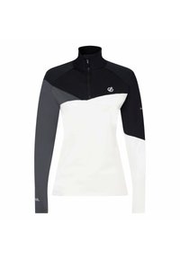 Langärmliges Zip-up-Oberteil mit Farbblockdesign in Schwarz, Grau und Weiß. Verfügt über einen hohen Kragen und ein Logo auf der linken Brust. Glatte Stofftextur.