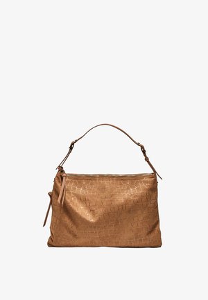 Borsa a mano in pelle marrone con texture a coccodrillo, tracolla singola regolabile e chiusura con cerniera e tiralampo.