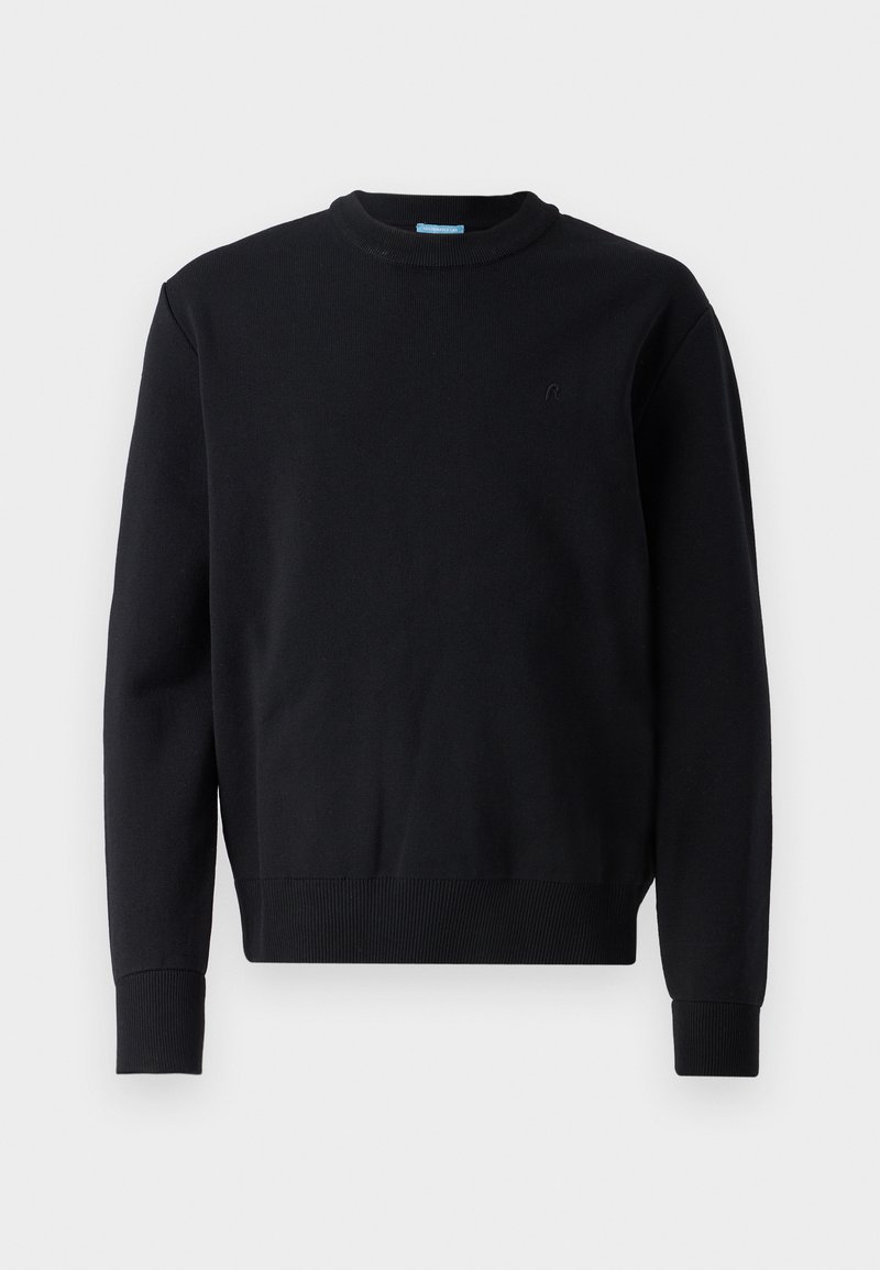 Felpa nera in misto cotone, con scollatura a girocollo, polsini e orlo a coste, caratterizzata da un piccolo logo sul petto.