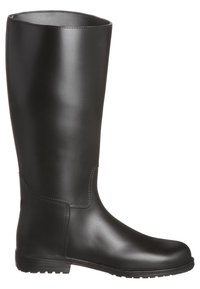 Svarta gummistövlar upp till knäna, slät yta, rund tå, platt sula med mönster och sömdetaljer på sidan.