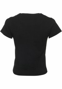 Black cotton t-shirt featuring short sleeves and a round neckline. Smooth texture with a fitted shape, no visible patterns or accents.