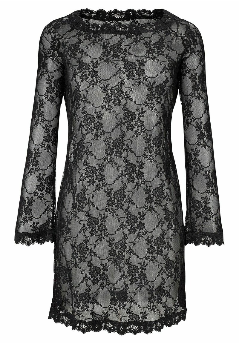 Robe en dentelle noire avec des manches longues, motif floral, encolure festonnée et ourlet. La texture transparente met en valeur les détails complexes.