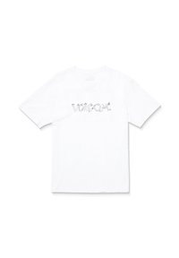 T-shirt blanc en coton avec un logo "Volcom" stylisé en noir centré sur la poitrine. Manches courtes et col rond.