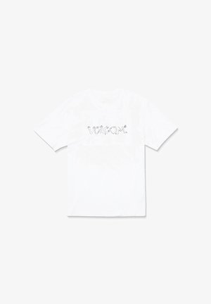 Biała bawełniana koszulka z krótkim rękawem, z stylizowanym czarnym logo "Volcom" umieszczonym na środku klatki piersiowej. Okrągły dekolt.