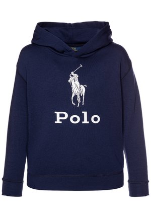 Marine hoodie lavet af blødt bomuld, med et hvidt polo-spiller grafik og fed "Polo" tekst på forsiden. Justerbar snøre-i-hood.