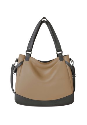 Beige and black leather tote handbag with double shoulder straps and detachable side strap, shown against a white background.