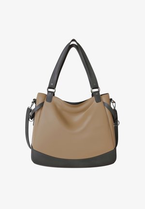 Beige and black leather tote handbag with double shoulder straps and detachable side strap, shown against a white background.