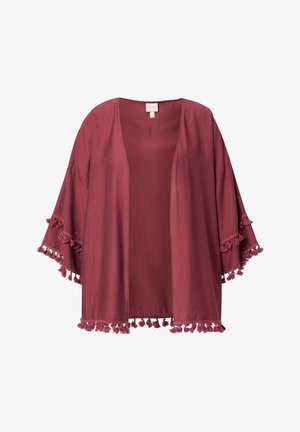 Veste kimono ouverte de couleur rose poussiéreux avec larges manches et bordure à pompons le long des bords et des poignets.