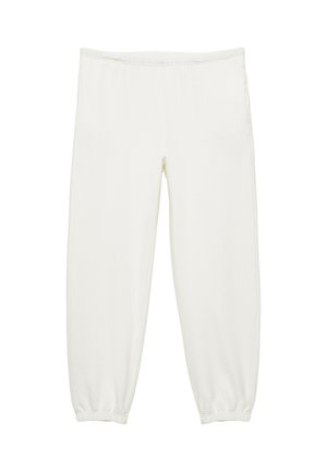 Pantalon de survêtement blanc à taille élastique avec poignets froncés, en tissu doux, présenté à plat sur fond blanc.