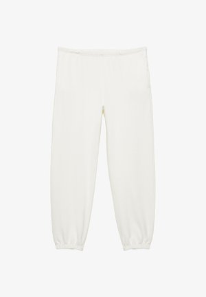 Pantalon de survêtement blanc à taille élastique avec poignets froncés, en tissu doux, présenté à plat sur fond blanc.