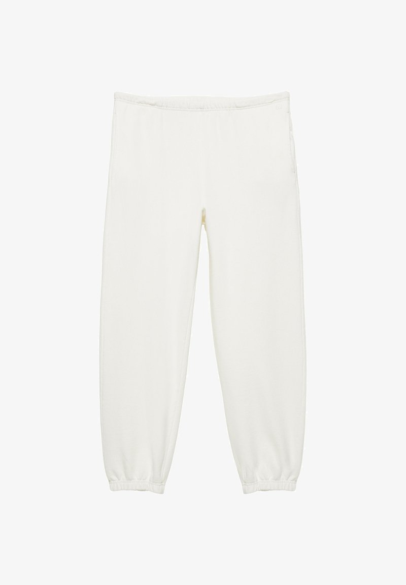 Pantalon de survêtement blanc à taille élastique avec poignets froncés, en tissu doux, présenté à plat sur fond blanc.