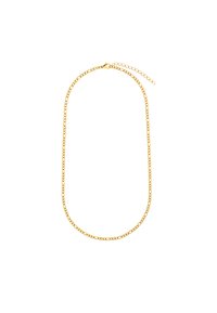 Collana di metallo dorato con forma ovale, caratterizzata da maglie distribuite uniformemente e chiusura a gancio. Texture liscia e superficie lucida.