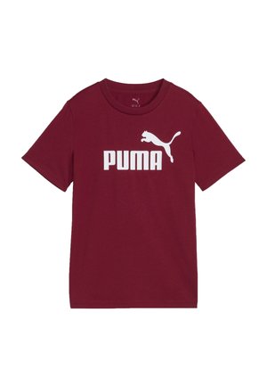 Kurzärmeliges dunkelrotes T-Shirt mit weißem Puma-Logo und Markennamen, zentriert auf der Brust vor einem schlichten weißen Hintergrund.