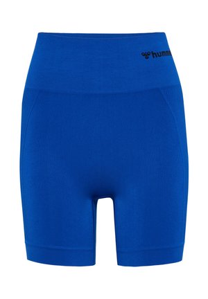 Niebieskie sportowe szorty wykonane z elastycznego materiału, z wysokim, elastycznym paskiem w talii, wyposażone w boczne kieszenie i gładką fakturę. Marka na pasku w talii.