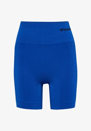 Niebieskie sportowe szorty wykonane z elastycznego materiału, z wysokim, elastycznym paskiem w talii, wyposażone w boczne kieszenie i gładką fakturę. Marka na pasku w talii.