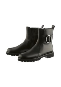 Black leather ankle boots with a front zipper, rounded toe, sturdy treaded sole, and an adjustable buckle accent on the side.