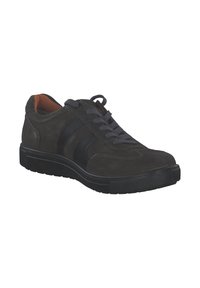 Baskets en suede gris foncé pour hommes avec des accents noirs, à bout rond et semelle en caoutchouc texturée. Comprend des lacets gris et une doublure intérieure marron.