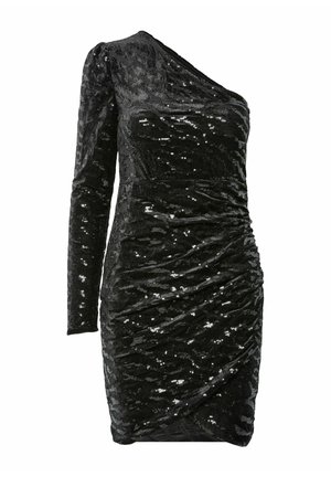 Zwarte paillettenjurk met een één-schouderontwerp, met plissé-details en een aansluitende pasvorm, gemaakt van textuurstof.