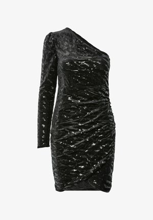 Zwarte paillettenjurk met een één-schouderontwerp, met plissé-details en een aansluitende pasvorm, gemaakt van textuurstof.