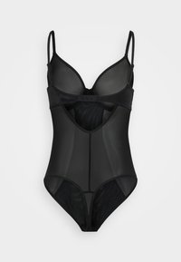 Must mustrits, mis on valmistatud poolläbipaistvast võrgust ja siledast materjalist, millel on reguleeritavad rihmad, sügava dekoltee ja avatud seljaosa disain.