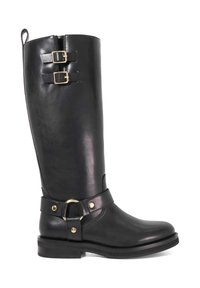 Black leather knee-high boot with two gold buckles, a strap featuring a gold ring, and a flat rubber sole. Smooth texture and structured design.