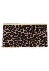 Kabelka s leopardím vzorem z měkké látky se zlatým rámem a řetízkovým popruhem, ve tvaru obdélníku s texturovaným povrchem.
