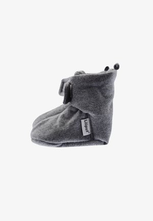 Gray fabric booties with a soft texture, fold-over design, and a side zipper. Features accents and a logo label on the side.