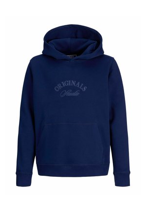Marineblå hoodie lavet af en bomuldsblanding, med en frontlomme og ribbet kant. "ORIGINALS Studio" er broderet over brystet.