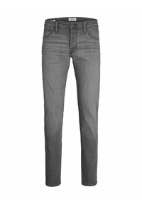 Gray denim jeans with a straight fit, five pockets, and a standard waistband. Features subtle whiskering and stitched hem details.