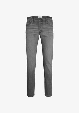 Gray denim jeans with a straight fit, five pockets, and a standard waistband. Features subtle whiskering and stitched hem details.