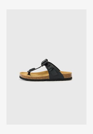 Sort thong sandal med spænderem, korksål og sort gummiydersål. Fremhæver et minimalistisk design og glat tekstur.