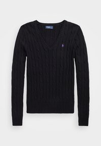 CABLE KNIT COTTON V NECK SWEATER - Pullover - black