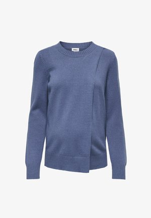 Blauer, langärmeliger Pullover mit Rundhalsausschnitt. Verfügt über ein einzigartiges asymmetrisches Design sowie einen gerippten Saum und Bündchen. Weiche Textur.