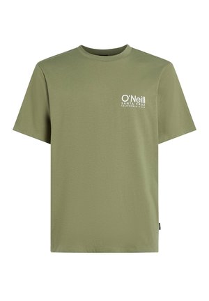 Olijfgroene t-shirt met korte mouwen van katoen, voorzien van een klein wit logo op de linkerkant van de borst en een ronde hals.