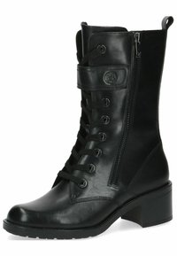 Stivale alla caviglia in pelle nera con lacci anteriori, zip laterale e tacco spesso. Texture liscia con punta arrotondata e dettagli decorativi.