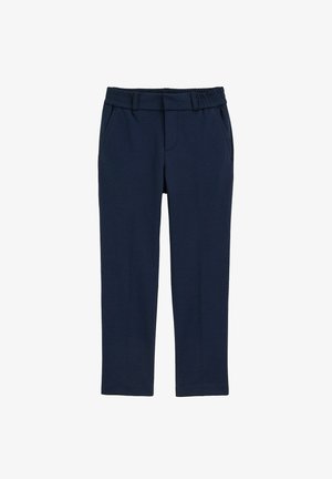 Tamsiai mėlynos kelnės su elastinga juosta neišryškintus, dvi šoninės kišenės ir lygi, tampri medžiaga. Tiesių kojų dizainas, be matomų raštų arba metalinių detalių.