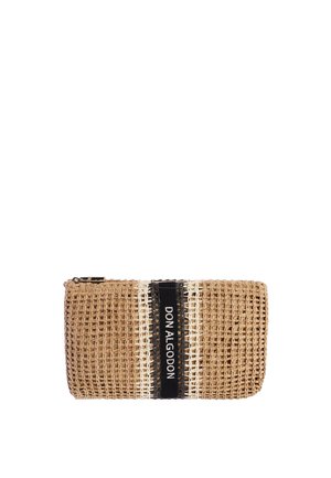 Bolsa rectangular de paja tejida con cremallera, con rayas verticales en blanco y negro y el texto "DON ALGODON" en la parte frontal.