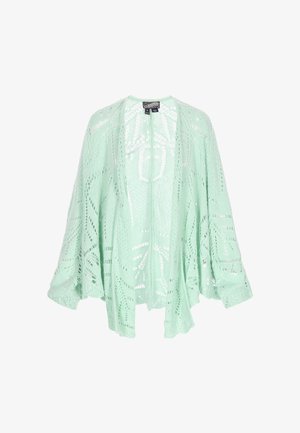 Cardigan deschis, verde mentă deschis, tricotat, cu modele delicat dantelate și mâneci largi, mărimea XS/S.