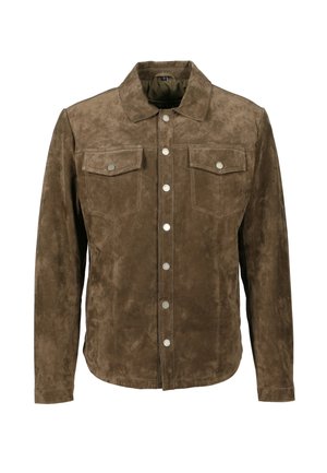 Chaqueta de ante marrón con botones a presión, cuello puntiagudo, dos bolsillos en el pecho y una textura suave. Corte entallado con mangas largas.