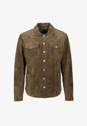 Braune Wildlederjacke mit Druckknöpfen, spitzem Kragen, zwei Brusttaschen und einer glatten Textur. Taillierte Passform mit langen Ärmeln.